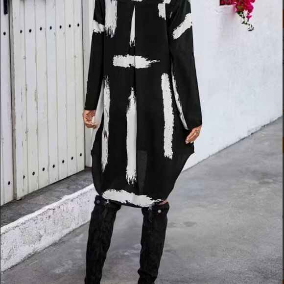 Brush Stroke Print High-Low Dress – V-Neck, Roll-Up Sleeves, Fall Chic - Picture 3 of 3